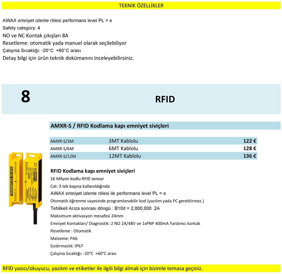 8 RFID AMXR-S / RFID Kodlama kapı emniyet siviçleri AMXR-S/3M 3MT Kablolu 122 AMXR-S/6M 6MT Kablolu 128 AMXR-S/12M 12MT Kablolu 136 RFID Kodlama kapı emniyet siviçleri 16 Milyon kodlu RFID sensor