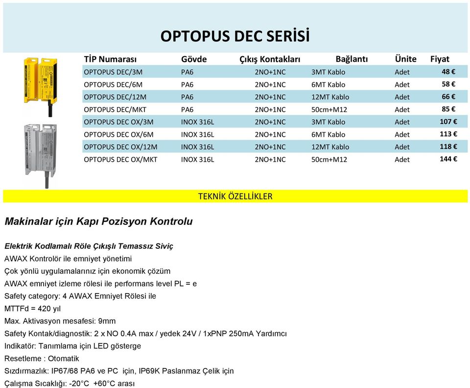 2NO+1NC 12MT Kablo Adet 118 OPTOPUS DEC OX/MKT INOX 316L 2NO+1NC 50cm+M12 Adet 144 Makinalar için Kapı Pozisyon Kontrolu Elektrik Kodlamalı Röle Çıkışlı Temassız Siviç AWAX Kontrolör ile emniyet