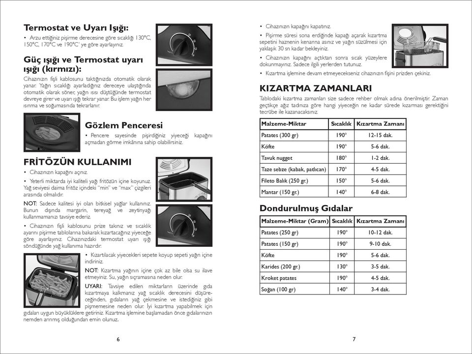 Yağın sıcaklığı ayarladığınız dereceye ulaştığında otomatik olarak söner, yağın ısısı düştüğünde termostat devreye girer ve uyarı ışığı tekrar yanar.