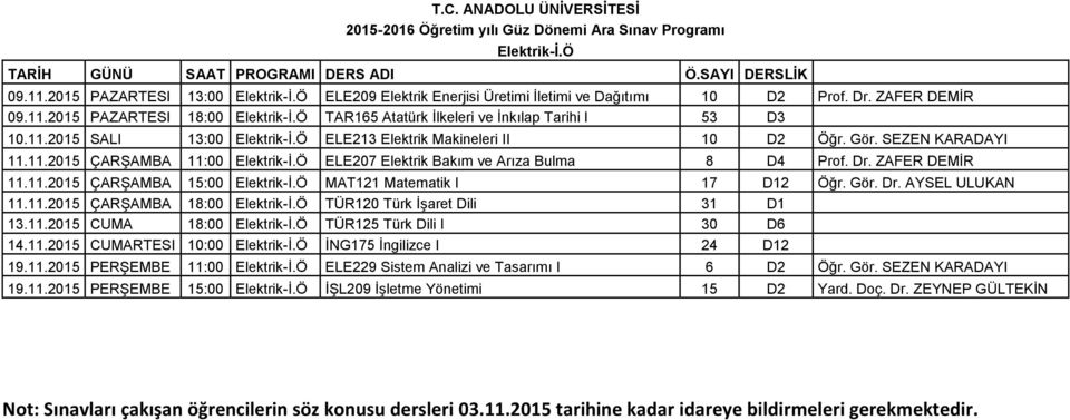 ZAFER DEMİR Elektrik-İ.Ö MAT121 Matematik I 17 D12 Öğr. Gör. Dr. AYSEL ULUKAN 11.11.2015 ÇARŞAMBA 18:00 Elektrik-İ.Ö TÜR120 Türk İşaret Dili 31 D1 13.11.2015 CUMA 18:00 Elektrik-İ.