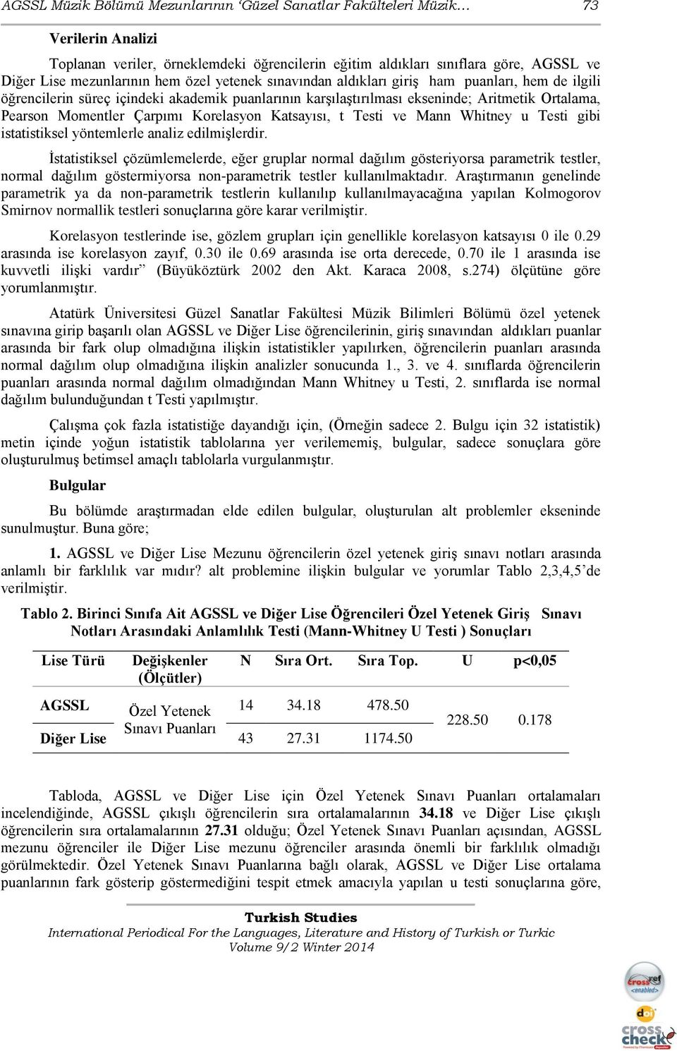 Katsayısı, t Testi ve Mann Whitney u Testi gibi istatistiksel yöntemlerle analiz edilmişlerdir.