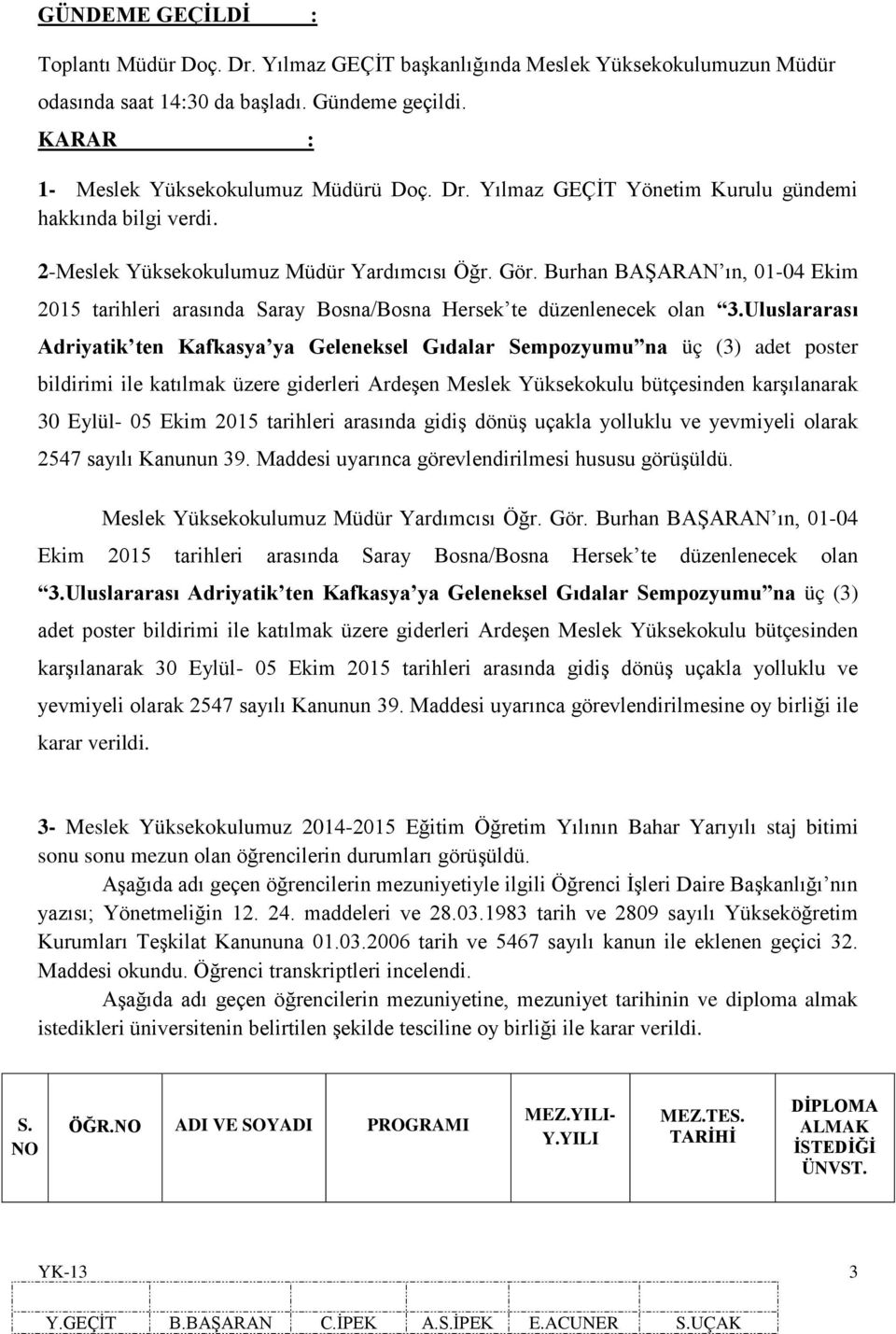 Uluslararası Adriyatik ten Kafkasya ya Geleneksel Gıdalar Sempozyumu na üç (3) adet poster bildirimi ile katılmak üzere giderleri Ardeşen Meslek Yüksekokulu bütçesinden karşılanarak 30 Eylül- 05 Ekim