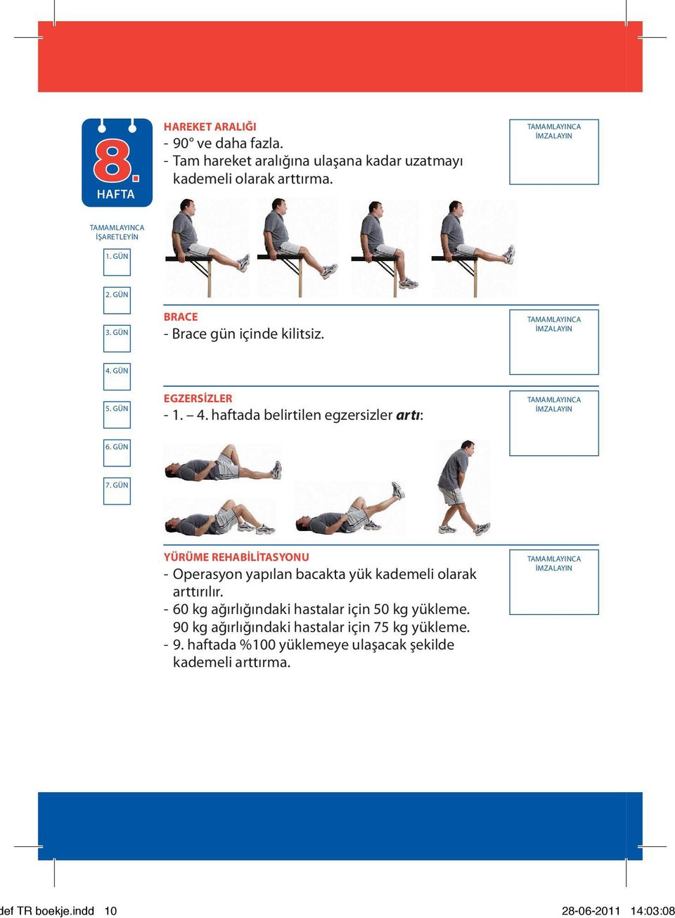 haftada belirtilen egzersizler artı: - Operasyon yapılan bacakta yük kademeli olarak arttırılır.
