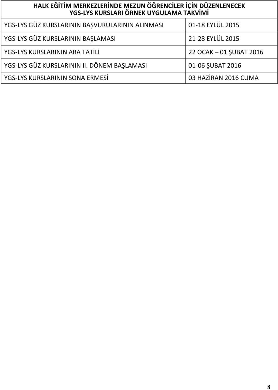 BAŞLAMASI 21-28 EYLÜL 2015 YGS-LYS KURSLARININ ARA TATİLİ 22 OCAK 01 ŞUBAT 2016 YGS-LYS GÜZ