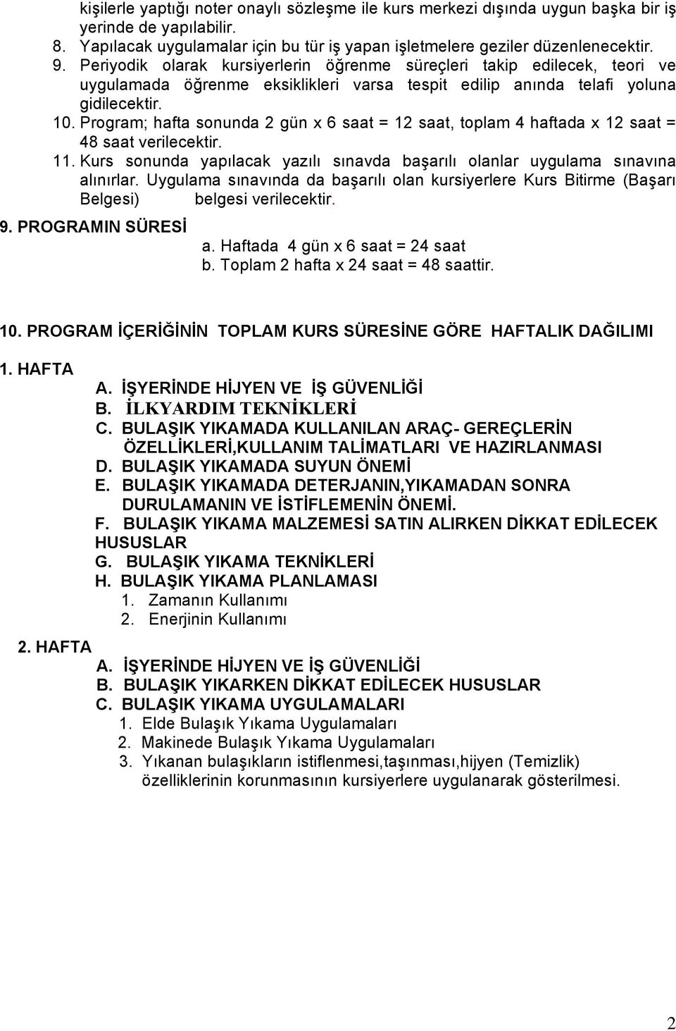 Program; hafta sonunda 2 gün x 6 saat = 12 saat, toplam 4 haftada x 12 saat = 48 saat verilecektir. 11. Kurs sonunda yapılacak yazılı sınavda başarılı olanlar uygulama sınavına alınırlar.