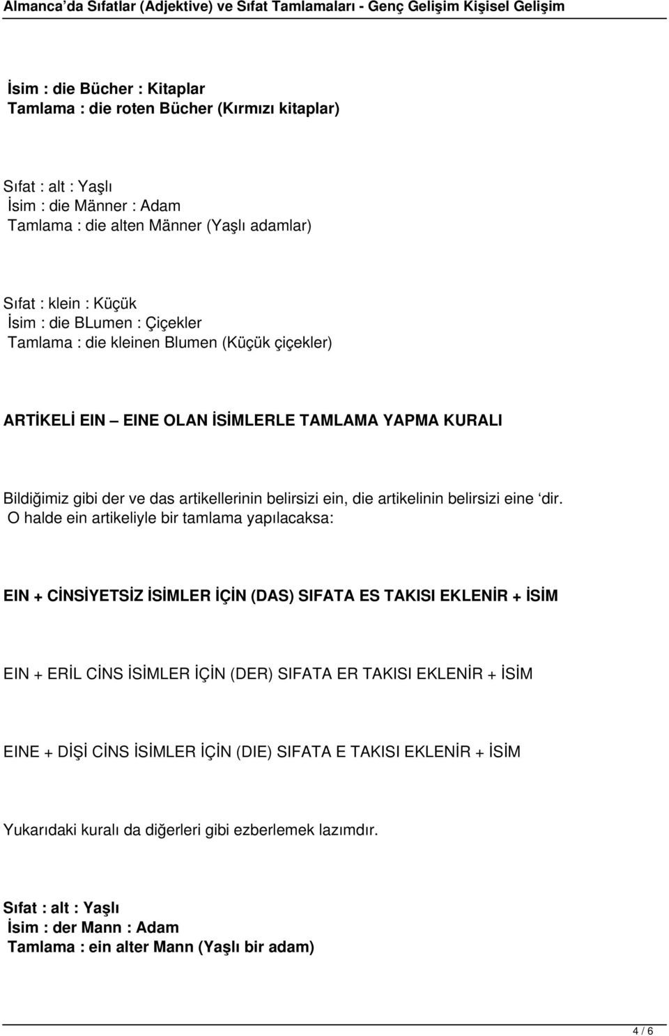 O halde ein artikeliyle bir tamlama yapılacaksa: EIN + CİNSİYETSİZ İSİMLER İÇİN (DAS) SIFATA ES TAKISI EKLENİR + İSİM EIN + ERİL CİNS İSİMLER İÇİN (DER) SIFATA ER TAKISI EKLENİR + İSİM