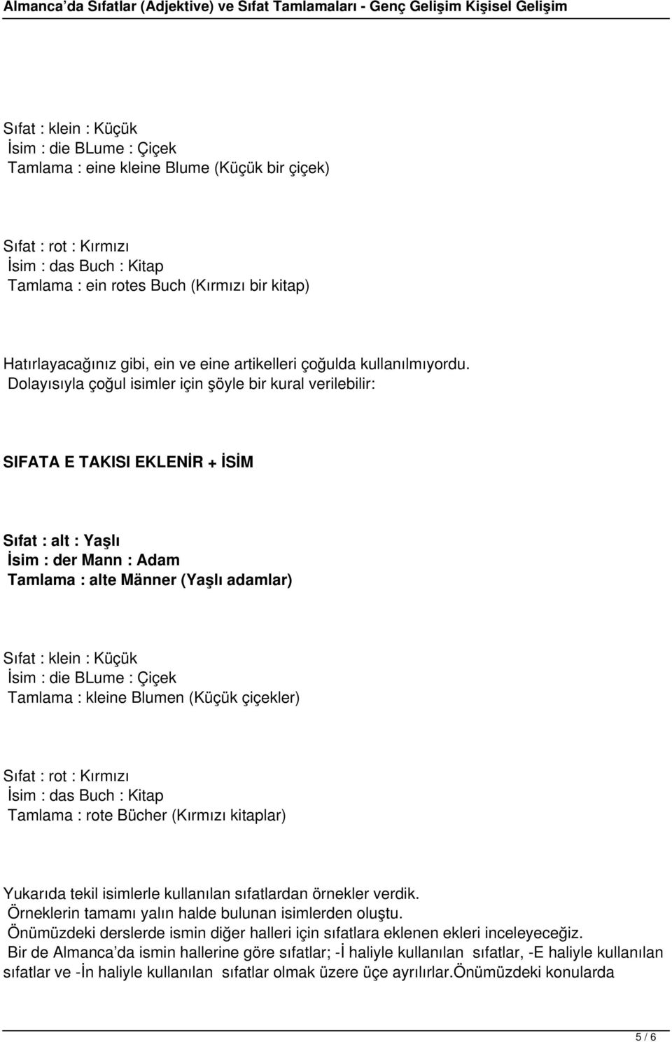 Dolayısıyla çoğul isimler için şöyle bir kural verilebilir: SIFATA E TAKISI EKLENİR + İSİM İsim : der Mann : Adam Tamlama : alte Männer (Yaşlı adamlar) İsim : die BLume : Çiçek Tamlama : kleine