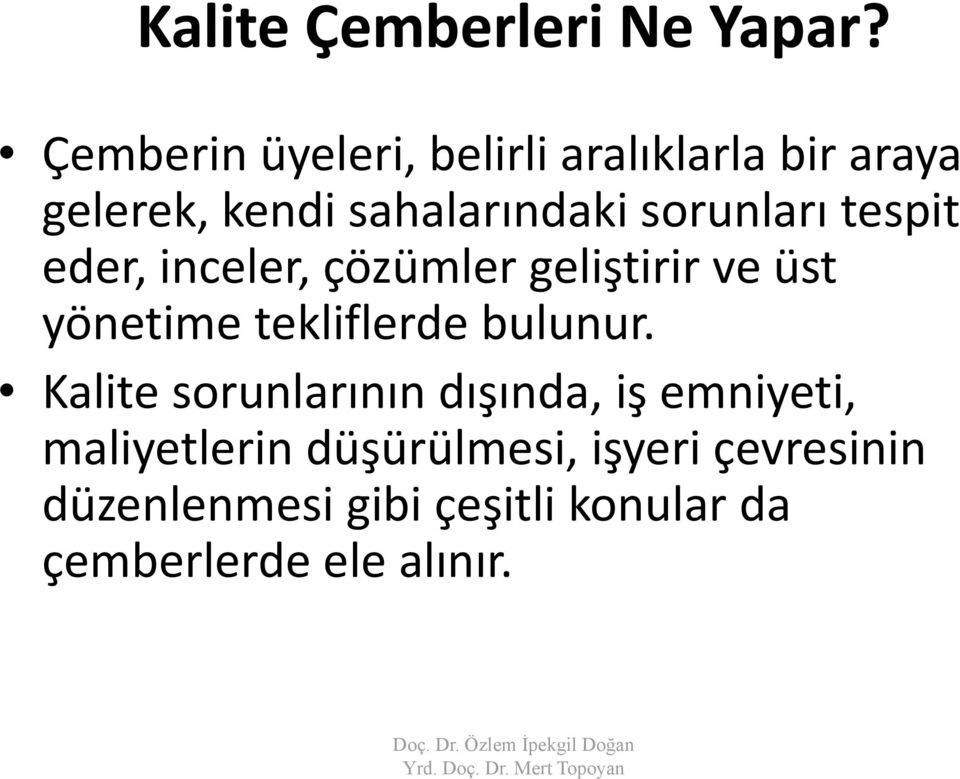 sorunları tespit eder, inceler, çözümler geliştirir ve üst yönetime tekliflerde bulunur.