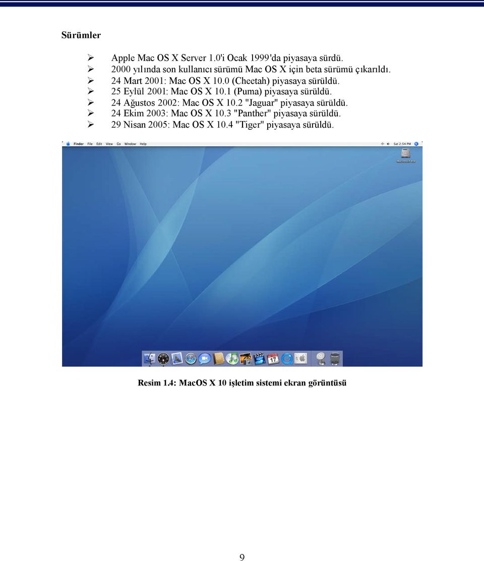 0 (Cheetah) piyasaya sürüldü. 25 Eylül 2001: Mac OS X 10.1 (Puma) piyasaya sürüldü. 24 Ağustos 2002: Mac OS X 10.