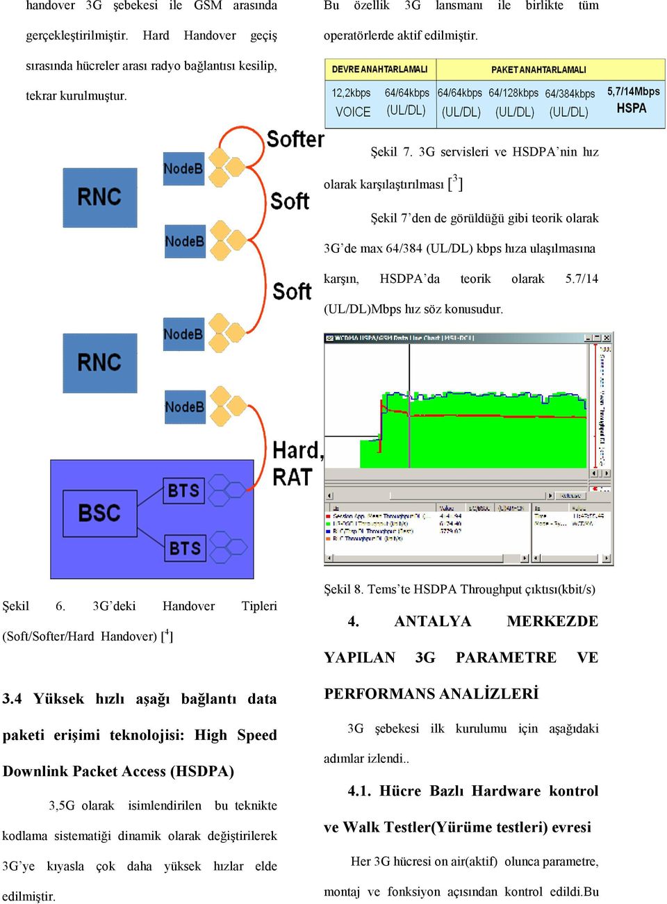 3G servisleri ve HSDPA nin hız olarak karşılaştırılması [ 3 ] Şekil 7 den de görüldüğü gibi teorik olarak 3G de max 64/384 (UL/DL) kbps hıza ulaşılmasına karşın, HSDPA da teorik olarak 5.