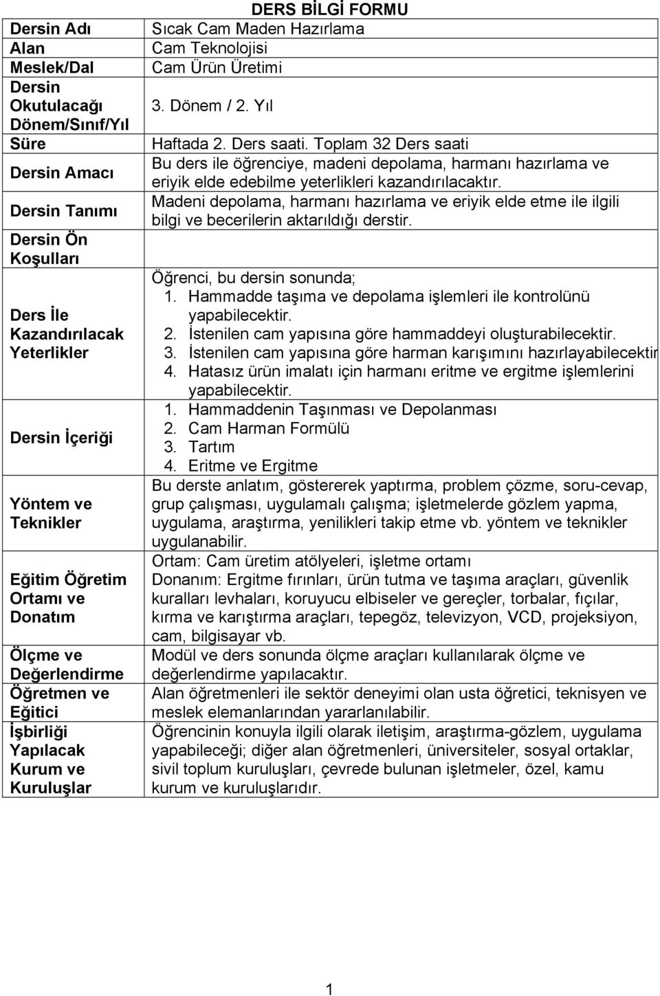 Ders saati. Toplam 32 Ders saati Bu ders ile öğrenciye, madeni depolama, harmanı hazırlama ve eriyik elde edebilme yeterlikleri kazandırılacaktır.