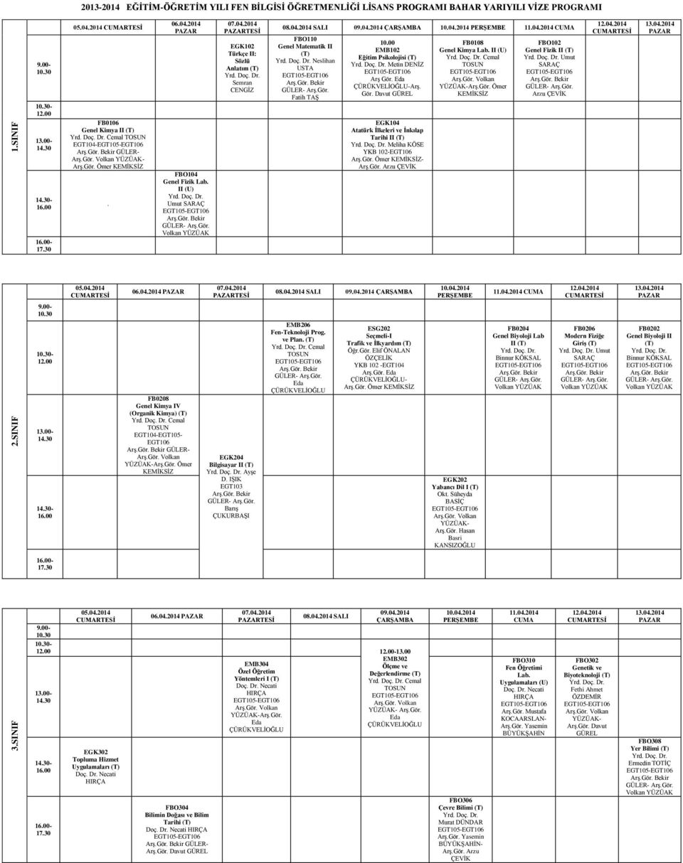 Eda ÇÜRÜKVELİOĞLU-Arş. Gör. Davut GÜREL Atatürk İlkeleri ve İnkılap Tarihi II (T) Meliha YKB 102-EGT106 Arş.Gör. Ömer - Arş.Gör. Arzu ÇEVİK FB0108 Genel Kimya Lab. II (U) Cemal TOSUN YÜZÜAK-Arş.Gör. Ömer FBO102 Genel Fizik II (T) Umut SARAÇ Arzu ÇEVİK 12.