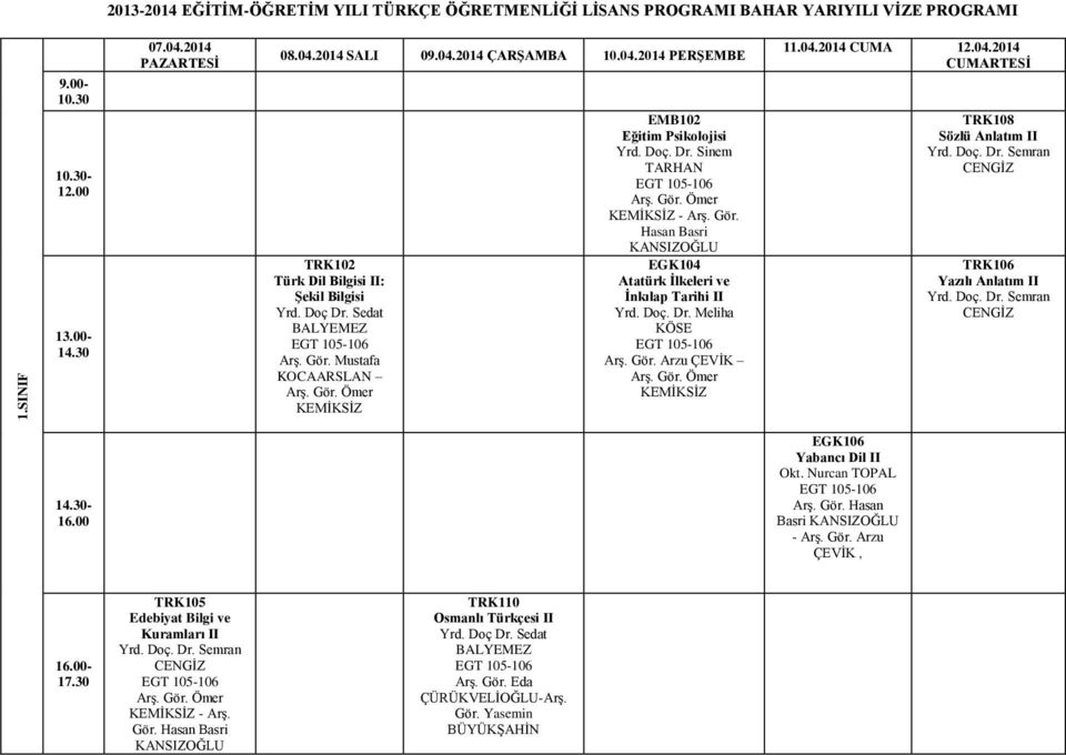 Sedat Ömer EMB102 Eğitim Psikolojisi Sinem TARHAN Ömer - Hasan Basri Atatürk İlkeleri ve İnkılap Tarihi II Meliha Arzu ÇEVİK Ömer TRK108