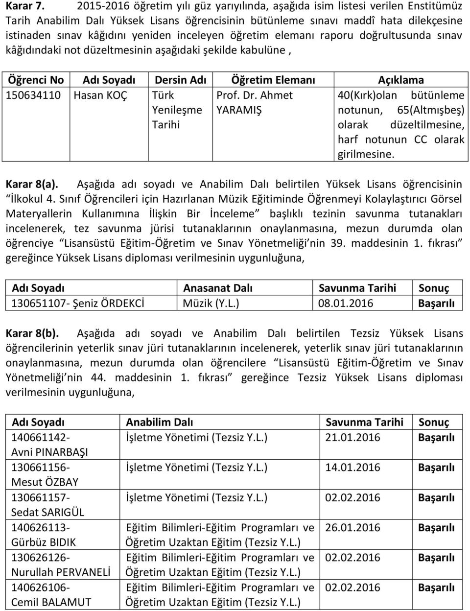 inceleyen öğretim elemanı raporu doğrultusunda sınav kâğıdındaki not düzeltmesinin aşağıdaki şekilde kabulüne, Öğrenci No Adı Soyadı Dersin Adı Öğretim Elemanı Açıklama 150634110 Hasan KOÇ Türk Prof.