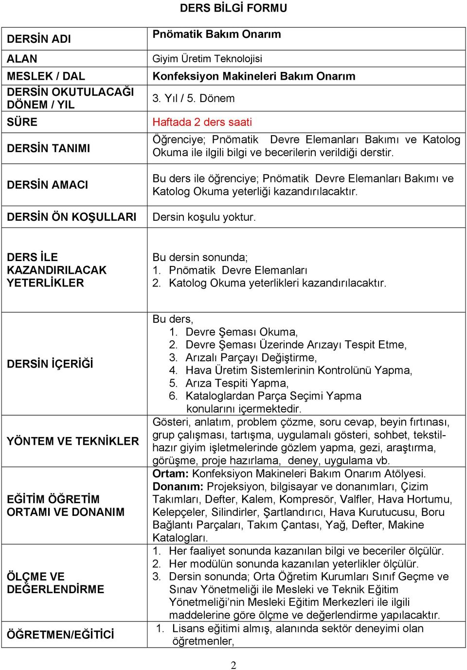 Bu ders ile öğrenciye; Pnömatik Devre Elemanları Bakımı ve Katolog Okuma yeterliği kazandırılacaktır. Dersin koşulu yoktur. DERS İLE KAZANDIRILACAK YETERLİKLER Bu dersin sonunda; 1.