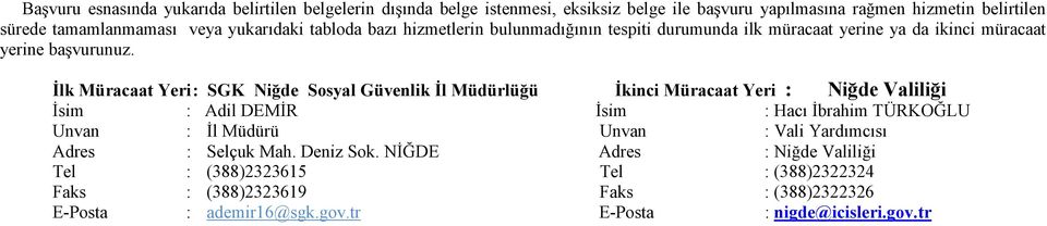 İlk Müracaat Yeri: SGK Niğde Sosyal Güvenlik İl Müdürlüğü İkinci Müracaat Yeri : Niğde Valiliği İsim : Adil DEMİR İsim : Hacı İbrahim TÜRKOĞLU Unvan : İl Müdürü Unvan :