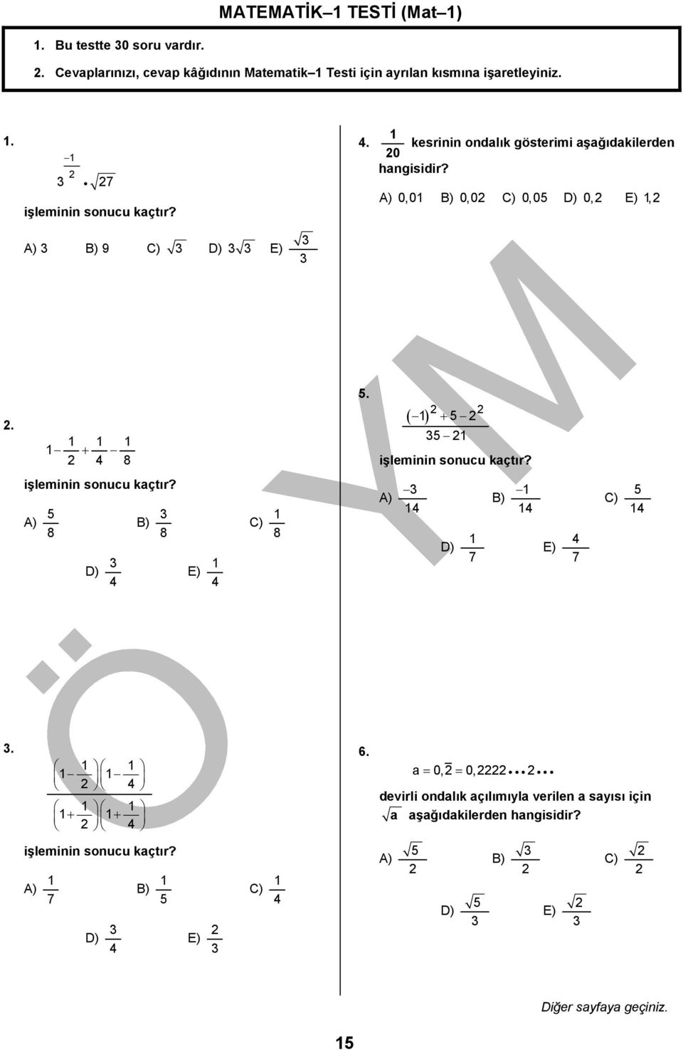 MATEMATİK 1 TESTİ (Mat 1) - PDF Free Download