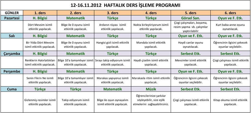 ediyorum isimli Haydi çizelim isimli etkinlik Mevsimler isimli etkinlik Senin Fikrin Ne isimli 12-16.11.