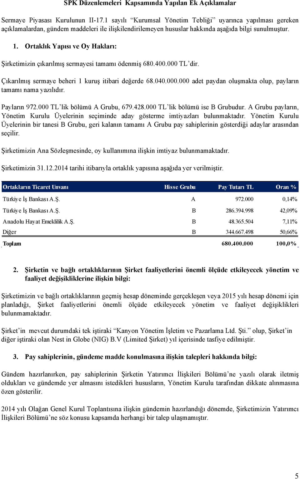 Ortaklık Yapısı ve Oy Hakları: Şirketimizin çıkarılmış sermayesi tamamı ödenmiş 680.400.000 TL dir. Çıkarılmış sermaye beheri 1 kuruş itibari değerde 68.040.000.000 adet paydan oluşmakta olup, payların tamamı nama yazılıdır.