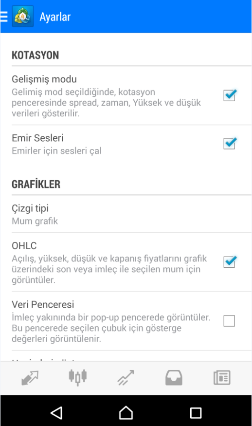 Ayarlar (Settings) : Bu bölümden tanımlanmış