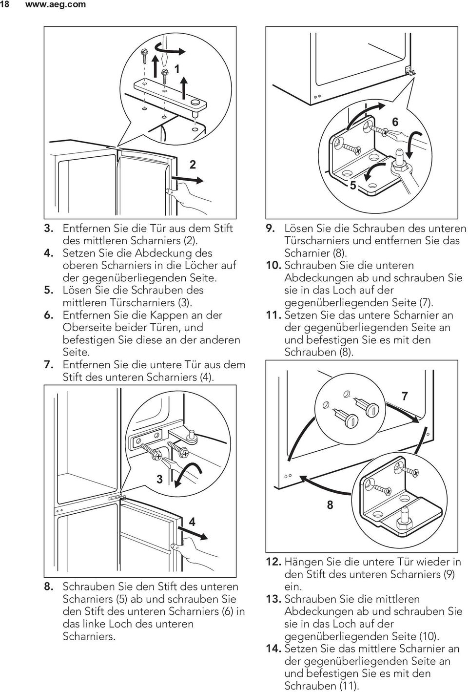Lösen Sie die Schrauben des unteren Türscharniers und entfernen Sie das Scharnier (8). 10.