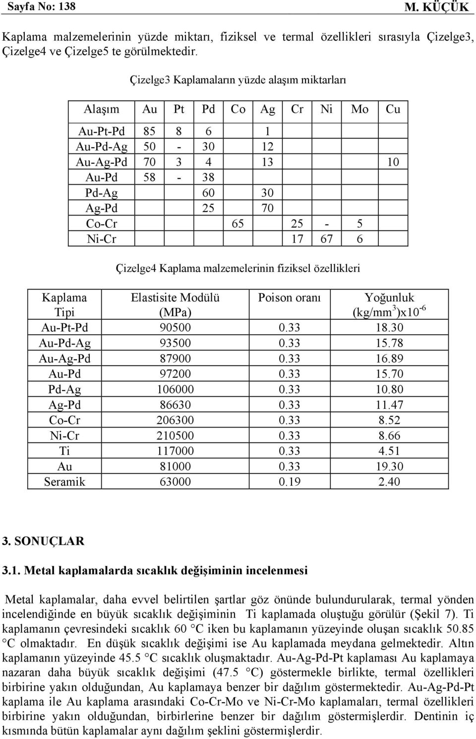 6 Çizelge4 Kaplama malzemelerinin fiziksel özellikleri Kaplama Tipi Elastisite Modülü (MPa) Poison oranı Yoğunluk (kg/mm 3 )x10-6 Au-Pt-Pd 90500 0.33 18.30 Au-Pd-Ag 93500 0.33 15.78 Au-Ag-Pd 87900 0.