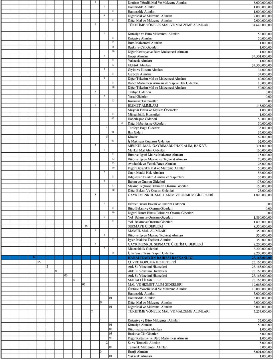 000,00 05 Baskı ve Cilt Giderleri 1.000,00 3 Enerji Alımları 34.501.000,00 01 Yakacak Alımları 1.000,00 03 Elektrik Alımları 34.500.000,00 5 Giyim ve Kuşam Alımları 34.000,00 01 Giyecek Alımları 34.