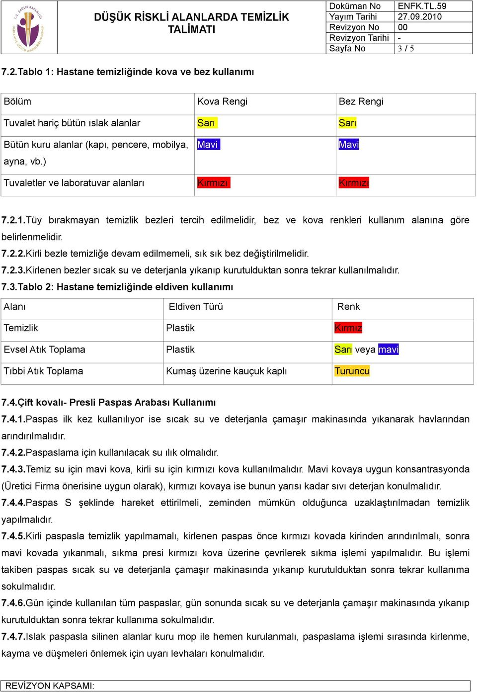 7.2.3.Kirlenen bezler sıcak su ve deterjanla yıkanıp kurutulduktan sonra tekrar kullanılmalıdır. 7.3.Tablo 2: Hastane temizliğinde eldiven kullanımı Alanı Eldiven Türü Renk Temizlik Plastik Kırmız Evsel Atık Toplama Plastik Sarı veya mavi Tıbbi Atık Toplama Kumaş üzerine kauçuk kaplı Turuncu 7.