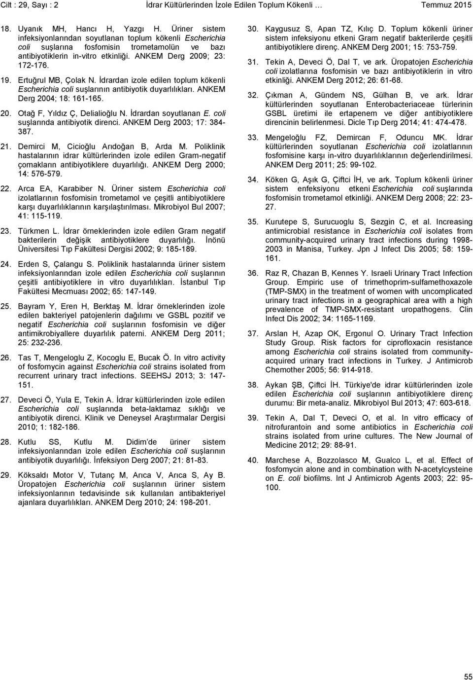 Ertuğrul MB, Çolak N. İdrardan izole edilen toplum kökenli Escherichia coli suşlarının antibiyotik duyarlılıkları. ANKEM Derg 2004; 18: 161-165. 20. Otağ F, Yıldız Ç, Delialioğlu N.