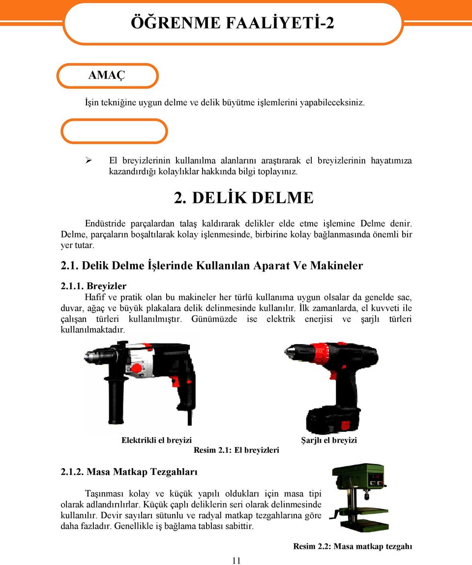 DELİK DELME Endüstride parçalardan talaş kaldırarak delikler elde etme işlemine Delme denir. Delme, parçaların boşaltılarak kolay işlenmesinde, birbirine kolay bağlanmasında önemli bir yer tutar. 2.1.