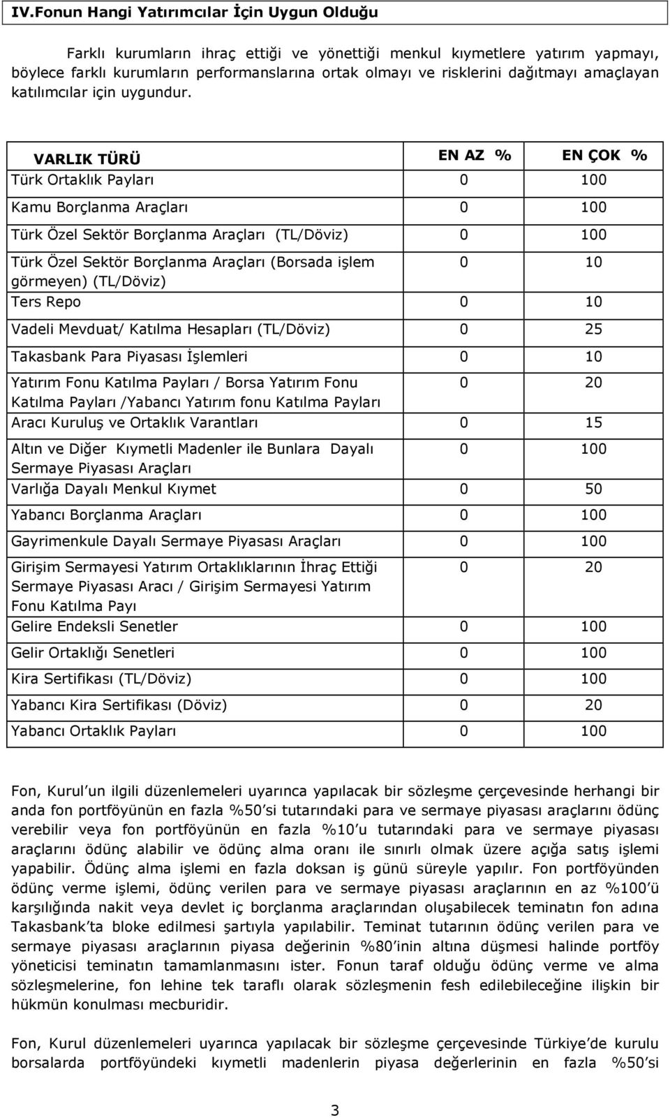 VARLIK TÜRÜ EN AZ % EN ÇOK % Türk Ortaklık Payları 0 100 Kamu Borçlanma Araçları 0 100 Türk Özel Sektör Borçlanma Araçları (TL/Döviz) 0 100 Türk Özel Sektör Borçlanma Araçları (Borsada işlem