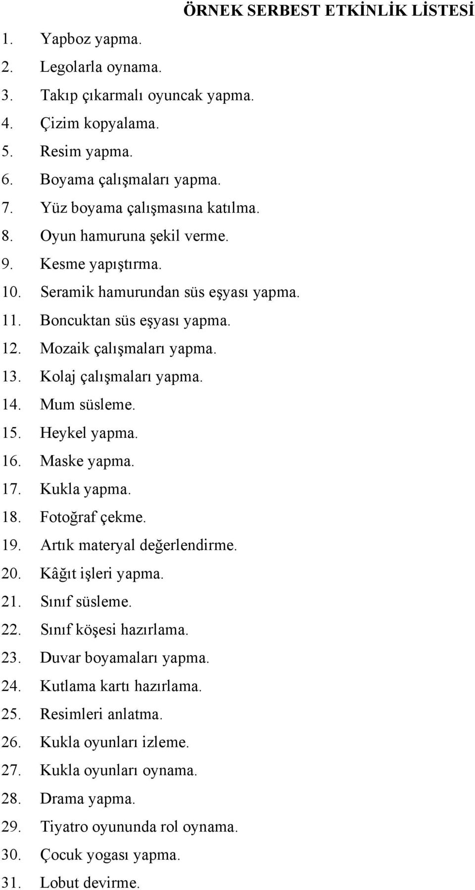 Kolaj çalışmaları yapma. 14. Mum süsleme. 15. Heykel yapma. 16. Maske yapma. 17. Kukla yapma. 18. Fotoğraf çekme. 19. Artık materyal değerlendirme. 20. Kâğıt işleri yapma. 21. Sınıf süsleme. 22.