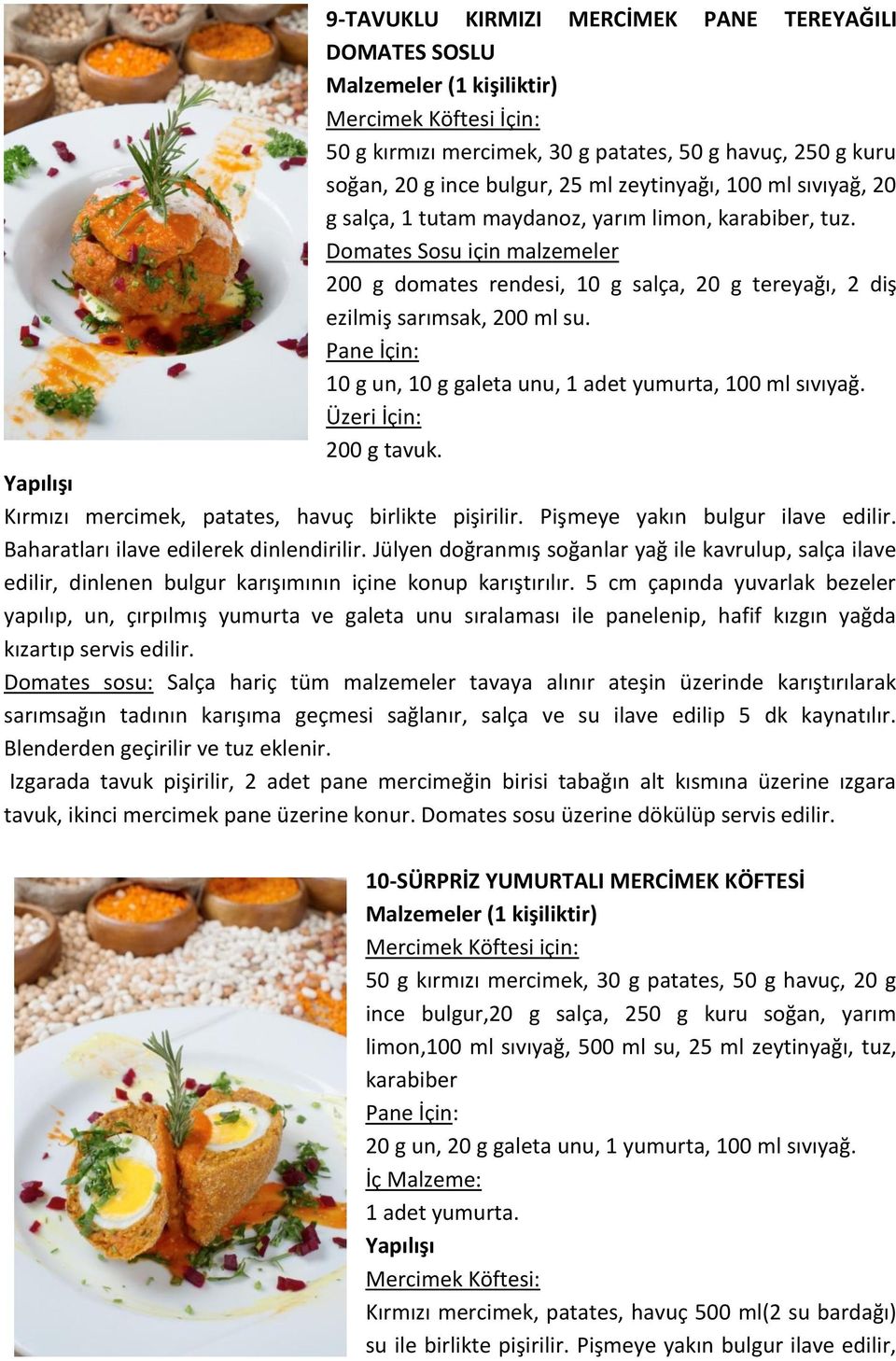 Pane İçin: 10 g un, 10 g galeta unu, 1 adet yumurta, 100 ml sıvıyağ. Üzeri İçin: 200 g tavuk. Kırmızı mercimek, patates, havuç birlikte pişirilir. Pişmeye yakın bulgur ilave edilir.