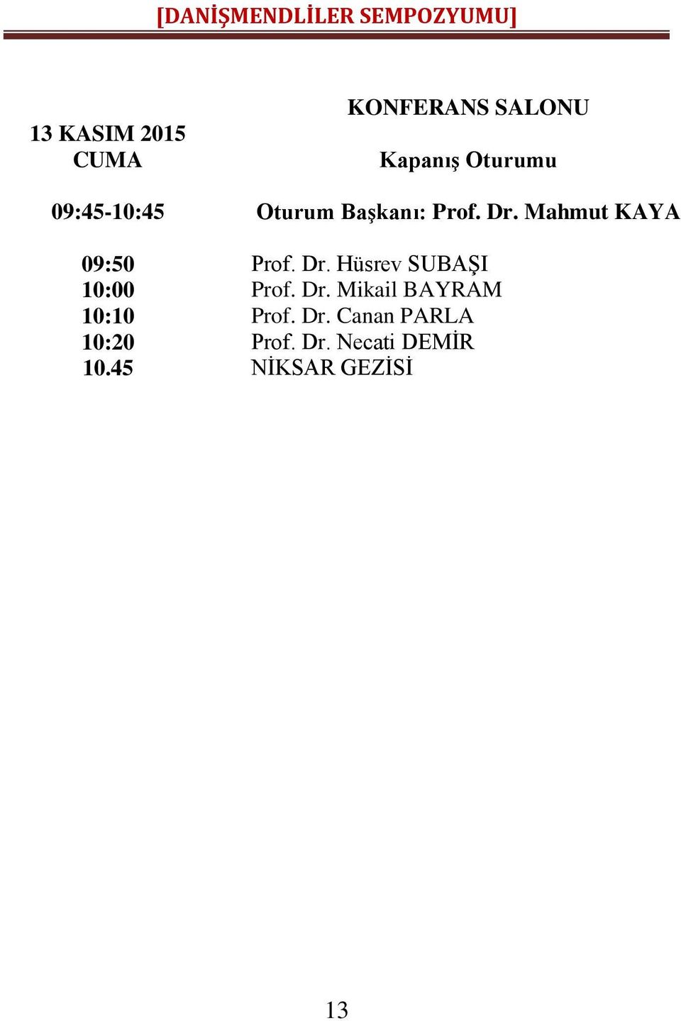 Mahmut KAYA 09:50 Prof. Dr. Hüsrev SUBAŞI 10:00 Prof. Dr. Mikail BAYRAM 10:10 10:20 Prof.