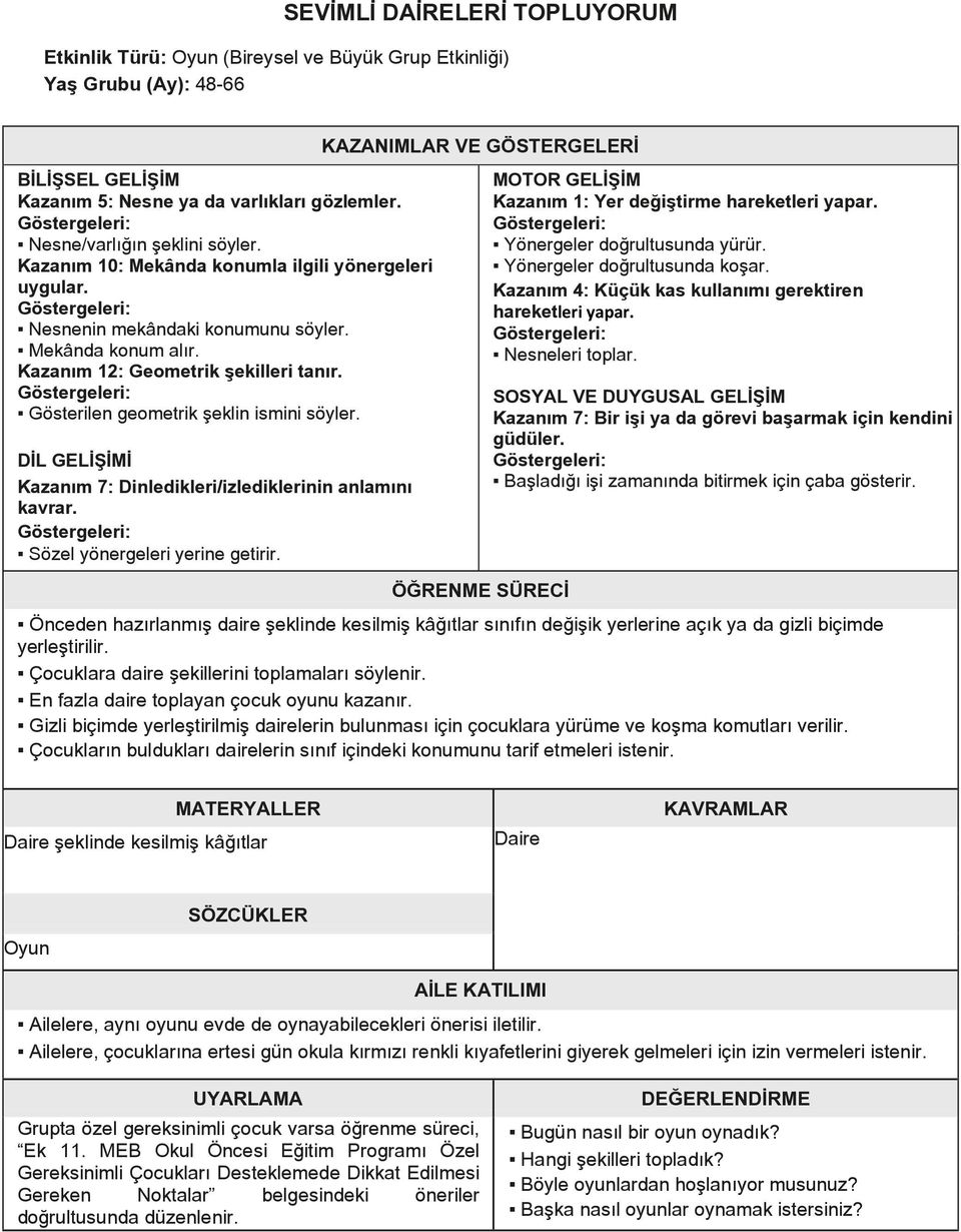 Gösterilen geometrik şeklin ismini söyler. DİL GELİŞİMİ Kazanım 7: Dinledikleri/izlediklerinin anlamını kavrar. Sözel yönergeleri yerine getirir.