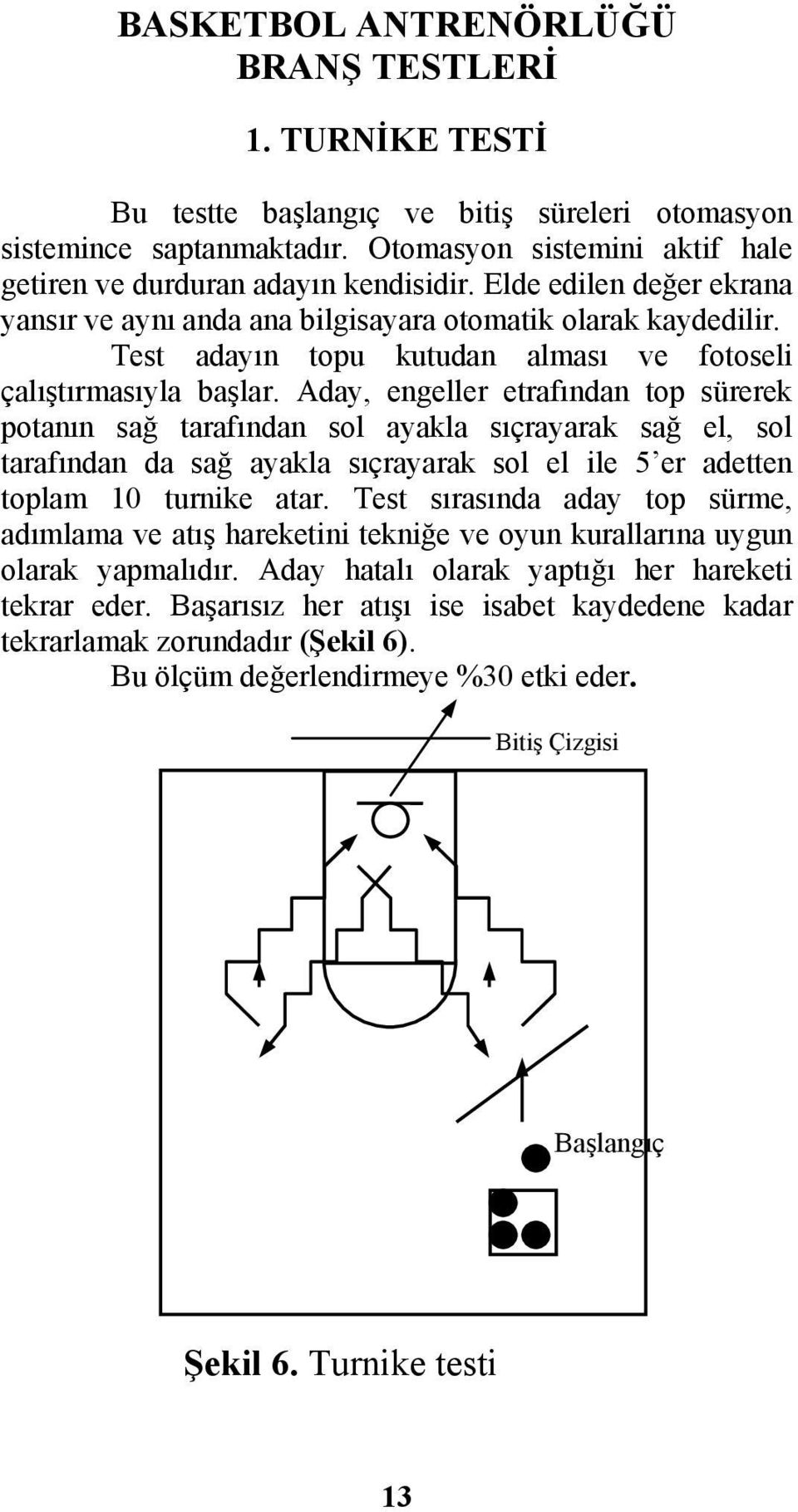 Aday, engeller etrafından top sürerek potanın sağ tarafından sol ayakla sıçrayarak sağ el, sol tarafından da sağ ayakla sıçrayarak sol el ile 5 er adetten toplam 10 turnike atar.