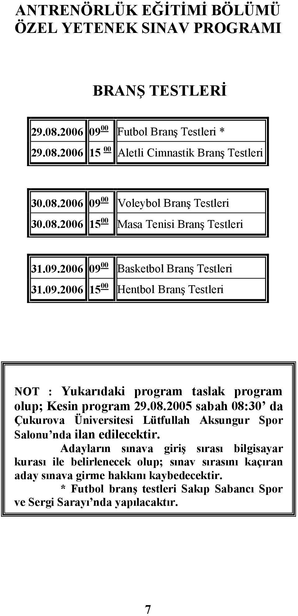 2006 09 00 00 31.09.2006 15 Basketbol Branş Testleri Hentbol Branş Testleri NOT : Yukarıdaki program taslak program olup; Kesin program 29.08.