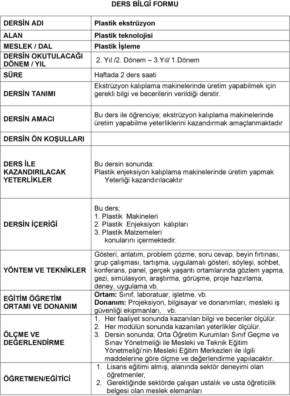 DERSİN AMACI Bu ders ile öğrenciye; ekstrüzyon kalıplama makinelerinde üretim yapabilme yeterliklerini kazandırmak amaçlanmaktadır DERSİN ÖN KOŞULLARI DERS İLE KAZANDIRILACAK YETERLİKLER Bu dersin