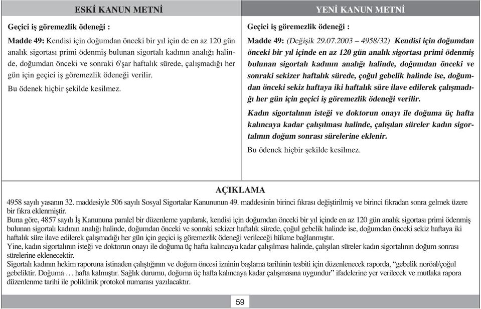 2003 4958/32) Kendisi için do umdan önceki bir y l içinde en az 120 gün anal k sigortas primi ödenmifl bulunan sigortal kad n n anal halinde, do umdan önceki ve sonraki sekizer haftal k sürede, ço ul