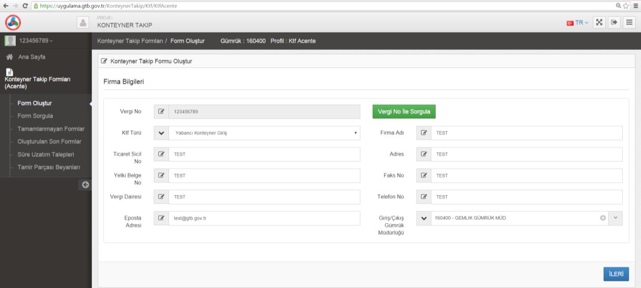 NOT: Firma bilgilerinde yer alan e-posta adresi doğru girilmelidir. Burada yer alan adrese onaylanan KTF bilgisi gönderilecektir.