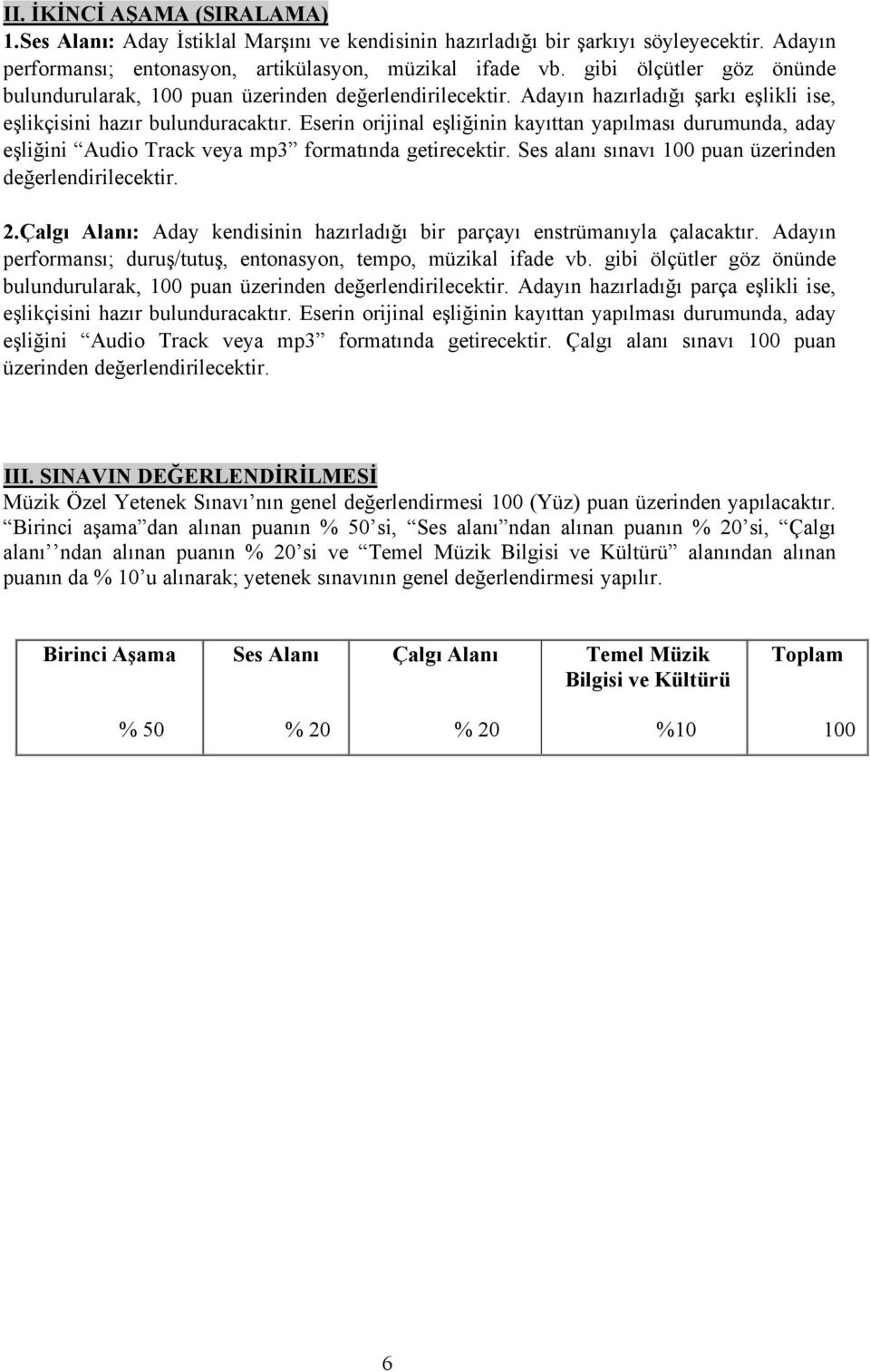 Eserin orijinal eşliğinin kayıttan yapılması durumunda, aday eşliğini Audio Track veya mp3 formatında getirecektir. Ses alanı sınavı 100 puan üzerinden değerlendirilecektir. 2.