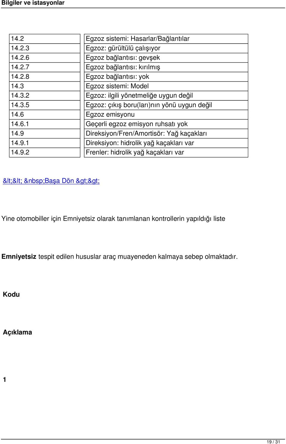 9 Direksiyon/Fren/Amortisör: Yağ kaçakları 14.9.1 Direksiyon: hidrolik yağ kaçakları var 14.9.2 Frenler: hidrolik yağ kaçakları var << Başa Dön >> Yine otomobiller için