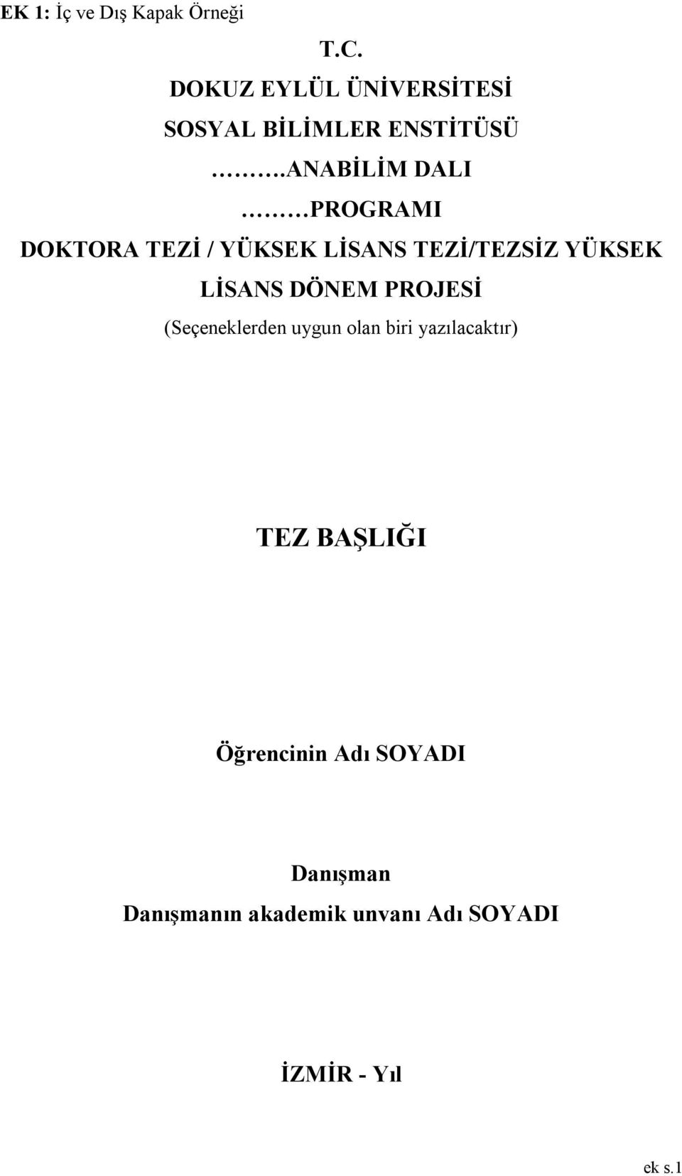 ANABİLİM DALI PROGRAMI DOKTORA TEZİ / YÜKSEK LİSANS TEZİ/TEZSİZ YÜKSEK LİSANS