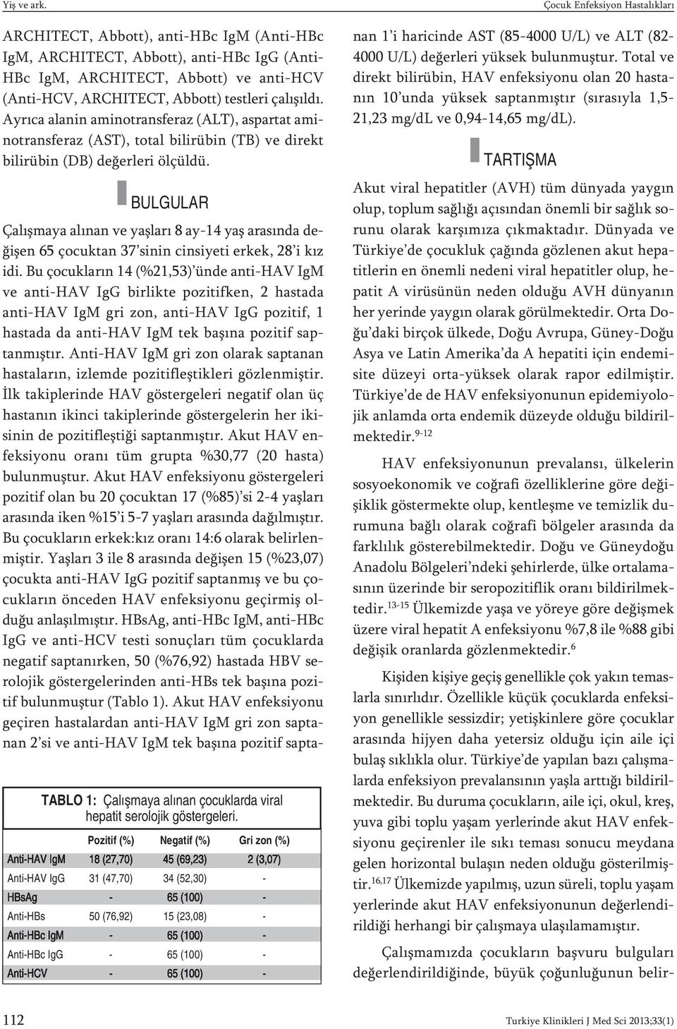 BULGULAR TABLO 1: Çalışmaya alınan çocuklarda viral hepatit serolojik göstergeleri.