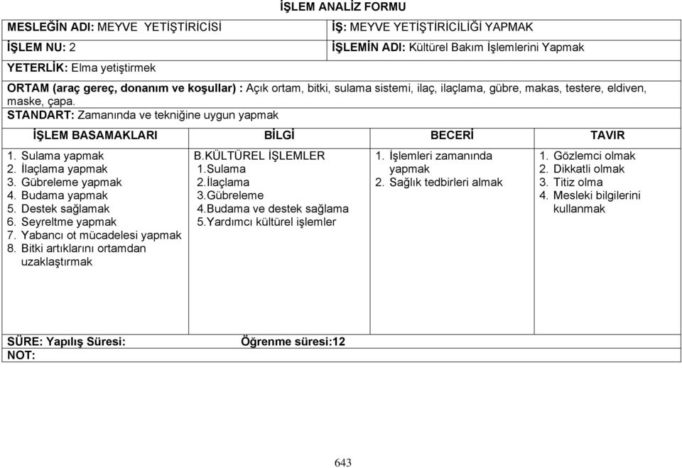 Destek sağlamak 6. Seyreltme 7. Yabancı ot mücadelesi 8. Bitki artıklarını ortamdan uzaklaştırmak B.KÜLTÜREL İŞLEMLER 1.Sulama 2.İlaçlama 3.Gübreleme 4.