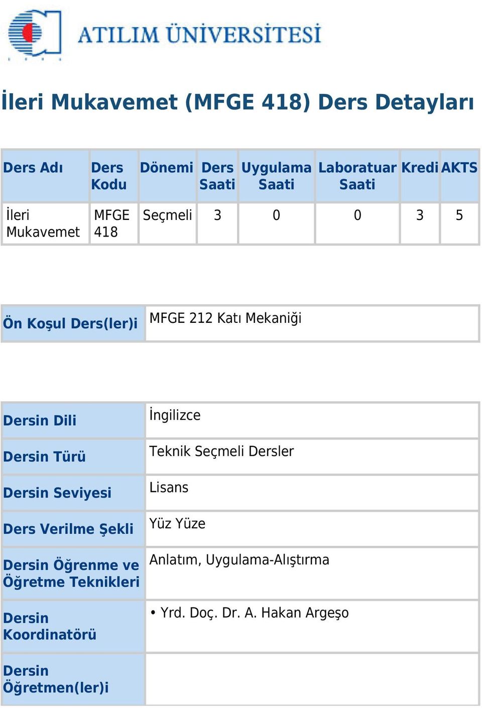 Dersin Türü Dersin Seviyesi Ders Verilme Şekli Dersin Öğrenme ve Öğretme Teknikleri Dersin Koordinatörü