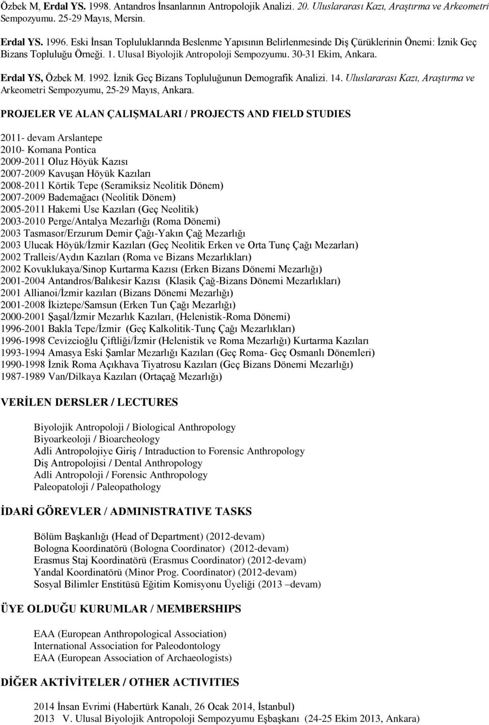 Erdal YS, Özbek M. 1992. İznik Geç Bizans Topluluğunun Demografik Analizi. 14. Uluslararası Kazı, Araştırma ve Arkeometri Sempozyumu, 25-29 Mayıs, Ankara.