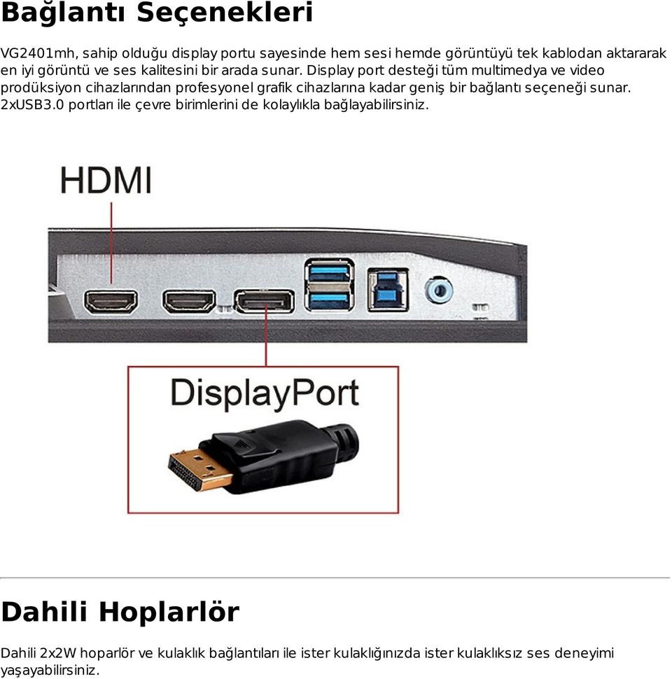 Display port desteği tüm multimedya ve video prodüksiyon cihazlarından profesyonel grafik cihazlarına kadar geniş bir bağlantı