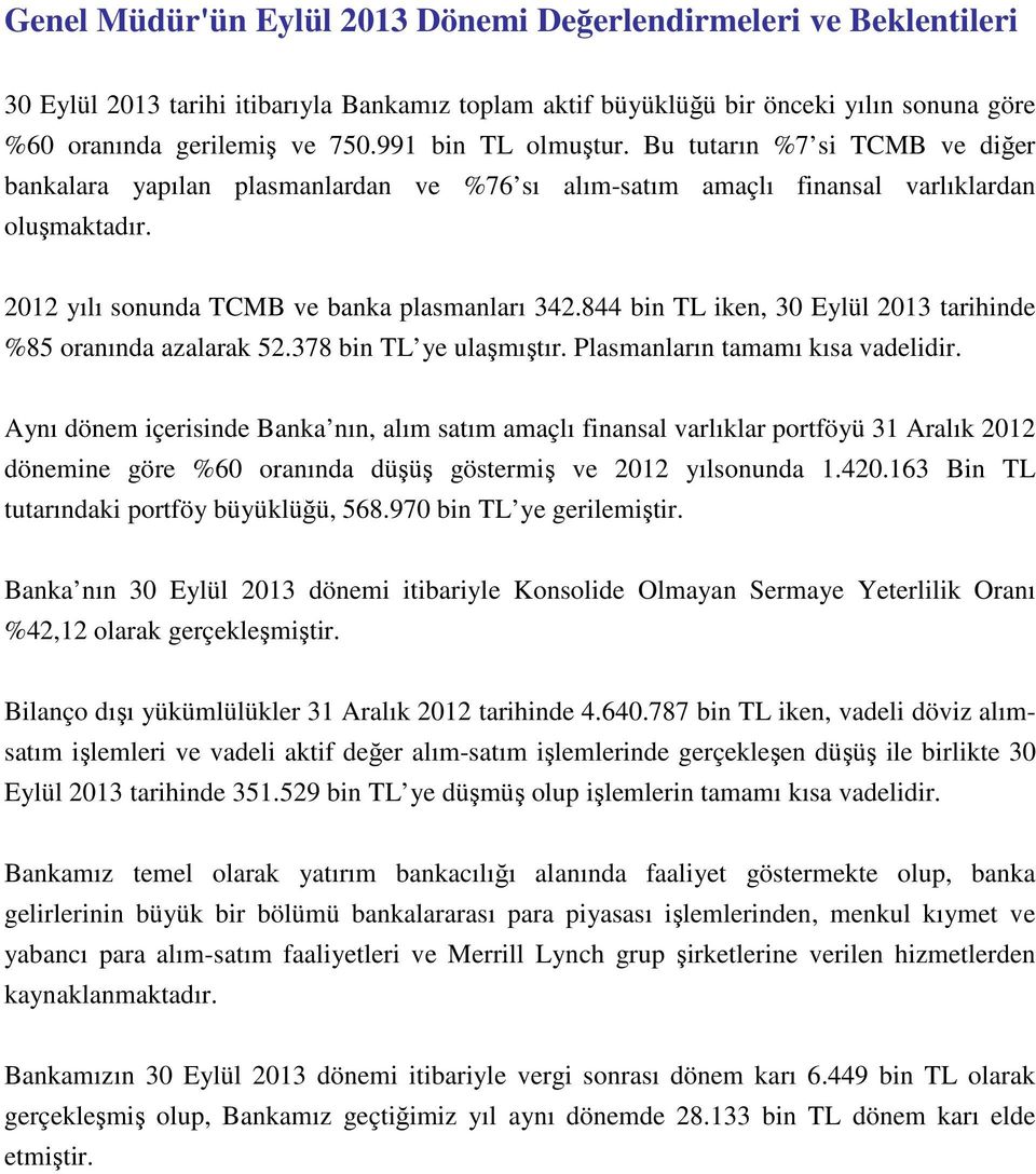 844 bin TL iken, 30 Eylül 2013 tarihinde %85 oranında azalarak 52.378 bin TL ye ulaşmıştır. Plasmanların tamamı kısa vadelidir.