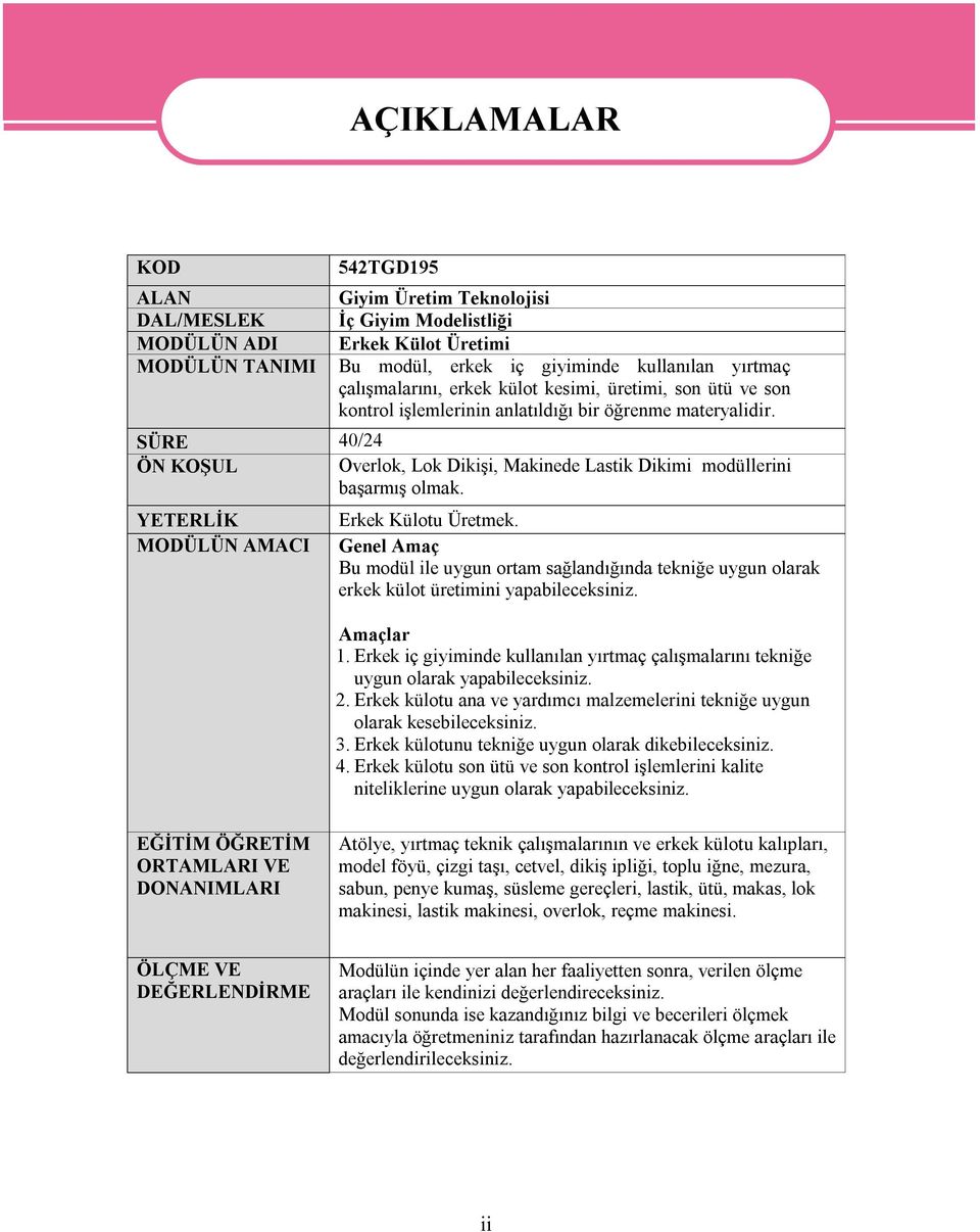 YETERLİK MODÜLÜN AMACI AÇIKLAMALAR Erkek Külotu Üretmek. Genel Amaç Bu modül ile uygun ortam sağlandığında tekniğe uygun olarak erkek külot üretimini yapabileceksiniz. Amaçlar 1.